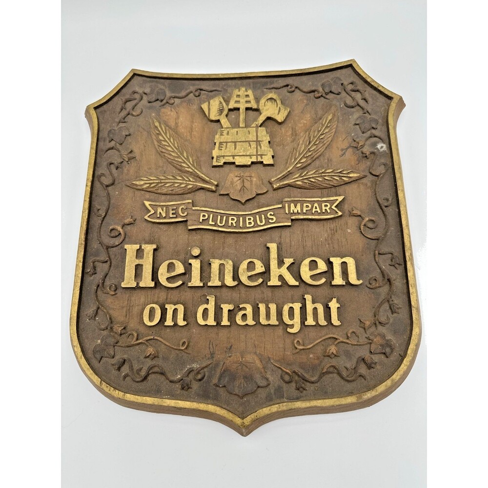 Vintage Heineken "On Draught" Wood Wall Plaque 12.5″ Bar Decor